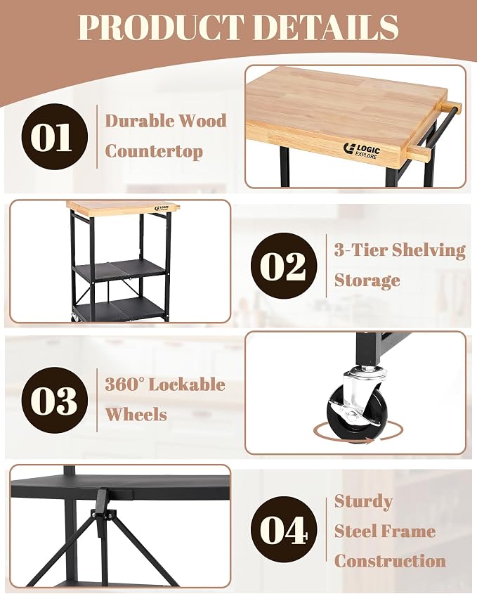 Foldable Kitchen Storage Cart, Solid Oak Top, Locking Wheels | Foldable 3-tier kitchen cart with solid oak top, metal frame and lockable wheels for a microwave, toaster oven and meal prep. - Image 5
