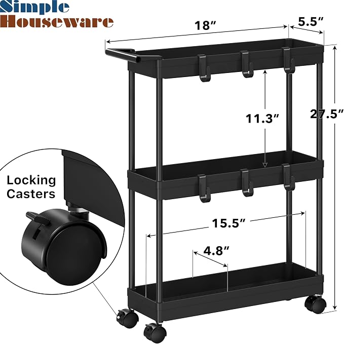 Simple Houseware 3-Tier Slim Rolling Cart w/Handle 5.5" Wx27.5 H, Black | Storage Cart for Narrow Space (5.5-Inch Wide) Kitchen, Bathroom, Laundry Room - Image 3