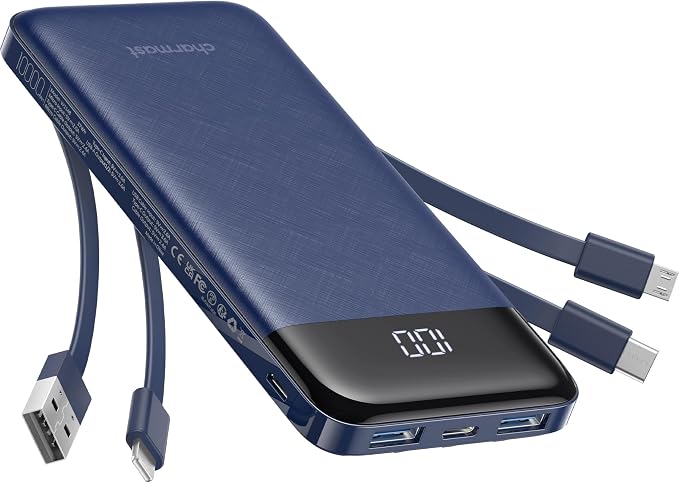 charmast Portable Charger Power Bank with Reinforced Built-in 4 Cables | 10000mAh,6 Outputs 3 Inputs,Travel Essentials,Carry-on Only,3A Fast Charging Portable Phone Charger for iPhone Samsung Pixel by charmast