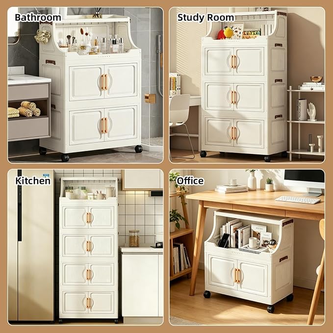 260QT Stackable Storage Bins with Lids & Rack, 6 Tier Large Capacity Foldable Storage Cabinet, Clear Collapsible Pantry Organizer for Home, Kitchen, Bathroom, Dorm, Office, White - Image 5