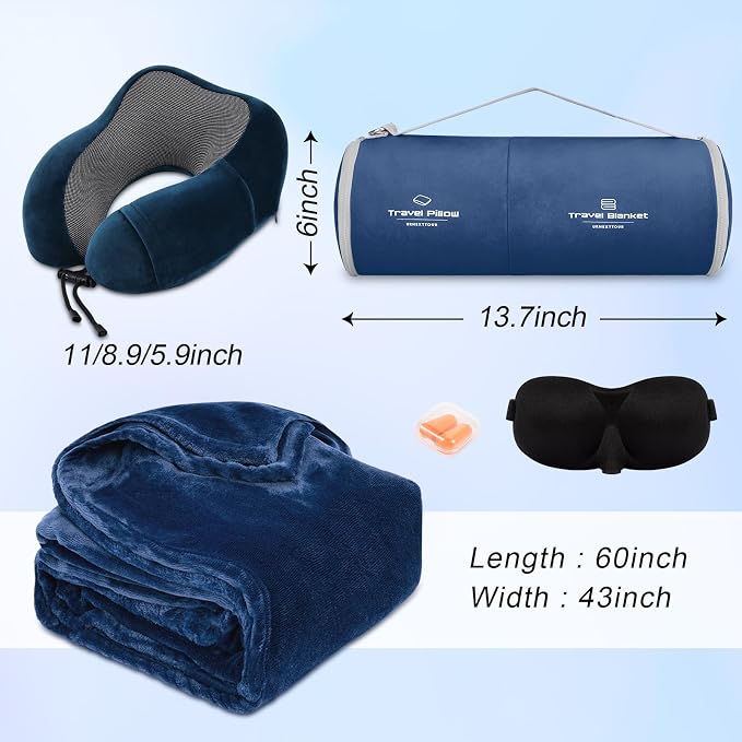 urnexttour Travel Pillow and Blanket Set Neck Pillow Airplane Foam Blue | 43x60 Inch Plane Blanket, Traveling Compact Storage Bag, Eye Mask, and Earplugs for Ultimate Flight Comfort, Women and Men - Image 5