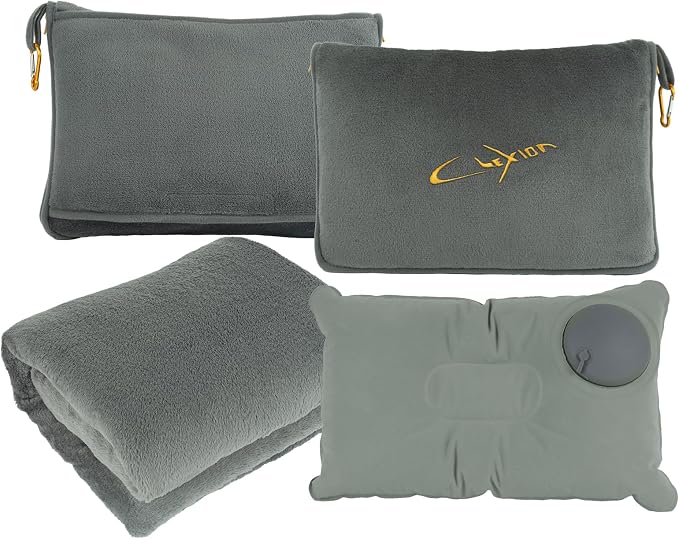 Travel Blanket and Pillow Set for Airplane, 300 GSM Soft Fleece Compact Travel Blanket with Inflatable Pillow and Carry Bag, 60x43 Inches, Grey by CLEXION