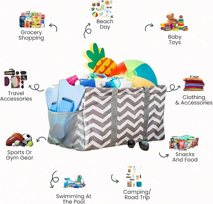 Extra Large Utility Tote Bag - Oversized Collapsible Reusable Wire Frame Rectangular Canvas Basket With Two Exterior Pockets For Beach, Pool, Laundry, Car Trunk, Storage - Chevron Gray - Image 4