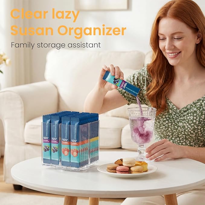 360° Rotating Acrylic Drink Packet Organizer, 4 Slot Water Flavor Packets Holder, Lazy Susan Water Packet Organizer for Drink Mix,Instant Coffee,Tea Sugar Packets Storage for Cabinet Kitchen Pantry - Image 6