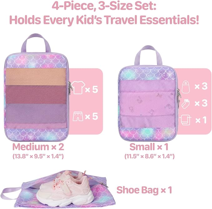 Kids Compression Packing Cubes - 4 PCS Sets, Purple Memarid | Water Resistant 4 Piece Set with Shoe Bag, Toddler Suitcase Organizer Set, Expandable Storage for Luggage - Image 4