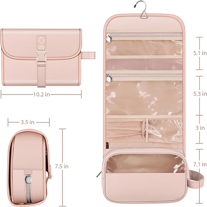 FINTIE Portable Toiletry Cosmetic Travel Bag Hanging Makeup Organizer | Large Water Resistant Storage Pouch Case, For Women Girls, Pink - Image 6