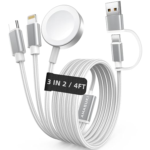 Travel Essentials,3 in 2 USB C Cable for Apple Watch Charger,iPhone Charger,Multi Charging Cable,Cruise Vacation Camping Essentials,Portable for iWatch Series 11-2/Ultra/SE & iPhone 17-12,Car,White by ChargeBeyondPowerWithin