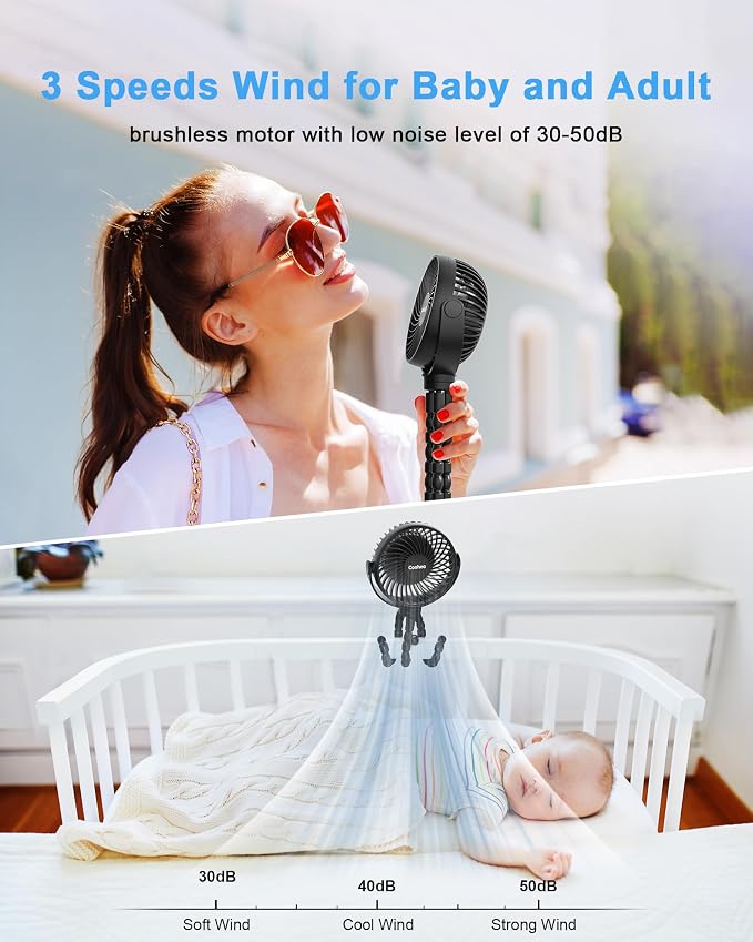 Coohea Stroller Fan Clip on for Baby, 4000mAh Rechargeable Battery Operated, Flexible Tripod, 3 Wind Speed, 360° Rotatable, Small Cooling Portable Fan for Car Seat Crib Golf Cart Bike Treadmill, Black | 4000mAh Battery Operated, 360° Rotatable Flexible... - Image 5