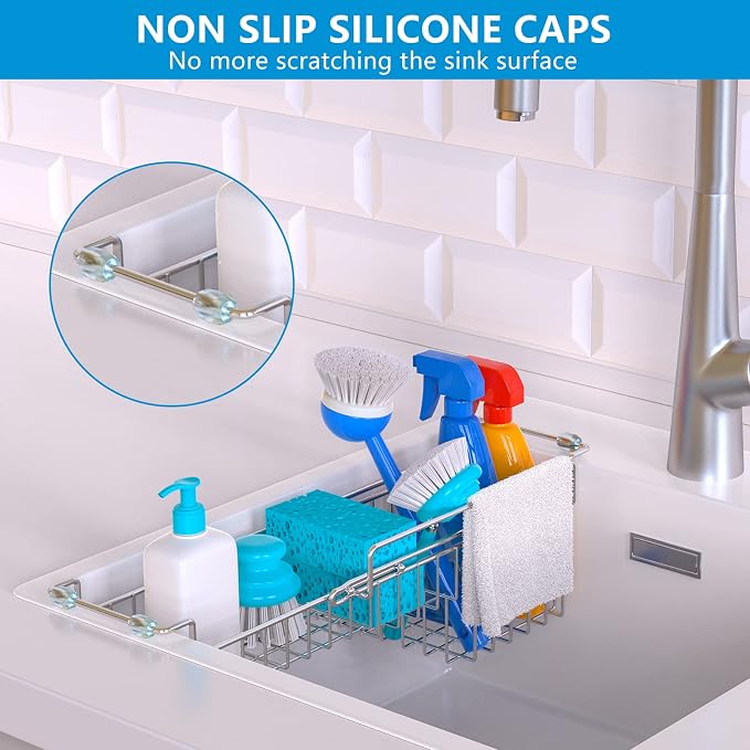 Over The Kitchen Sink Caddy Sponge Holder Organizer Drying Rack Expandable for Sponge Brush Soap Dish Cloth Rag, Stainless Steel (12.25" to 17.25") - Image 7