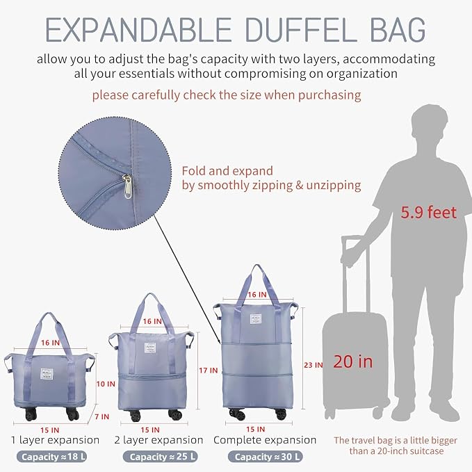 VOOWO Rolling Duffle Bag with Wheels, Expandable Foldable Duffle Bag for Travel, Rolling Under Seat Luggage Carry on Duffel Bags, Wheeled Travel Duffel Weekend Bags, Capacity 18L to 30L (Blue) - Image 2