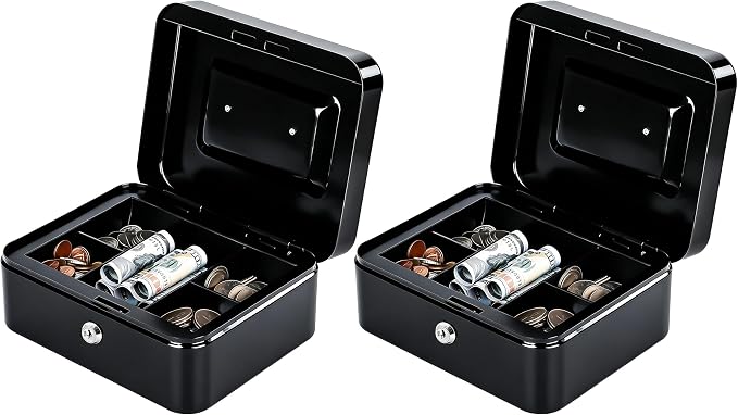 KYODOLED Small Metal Lock Box with Key for Cash and Medication, 2 Pack | Portable Handle, Removable Coin Tray, Lower Storage for Bills and Small Items, Ideal for Gifting, 7.87 x 6.3 x 3.35 in, Black by KYODOLED