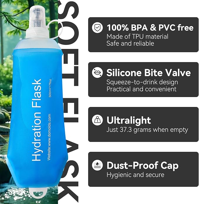 2 Pack 500ml Soft Flask, Shrink As You Drink Collapsible Water Bottles for Running Vest & Hydration Pack, BPA-Free Leak-Proof TPU Folding Bottle for Hiking Cycling Climbing Jogging-Blue - Image 2