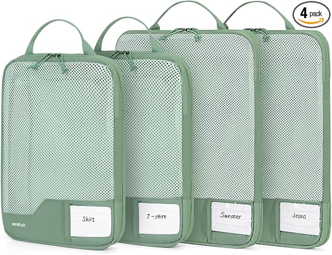 ECOHUB 4 Set Compression Packing Cubes for Travel Essentials, Suitcases Organizer Bags with Tag, Travel Bags Organizer for Luggage, Green-Compress by ECOHUB