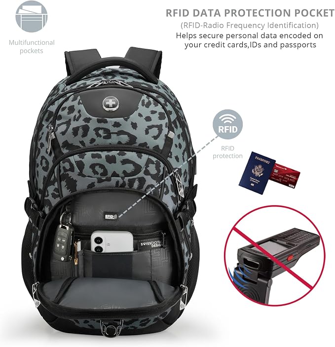 Swissdigital Laptop Backpack, Gray Leopard | USB Charging Port, Travel Backpack, 31l Capacity, For Men - Image 2