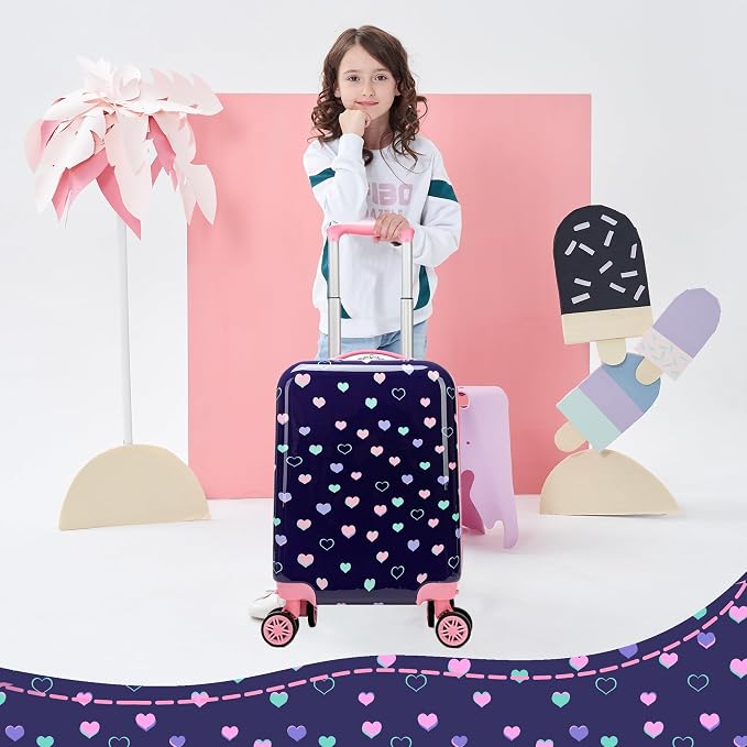 Kid's Luggage Set 5 Piece Suitcase Set 16" Hardside Luggage with Spinner Wheels Girls Carry on Toddler Travel Rolling Suitcase with Neck Pillow Airline Approved - Image 6