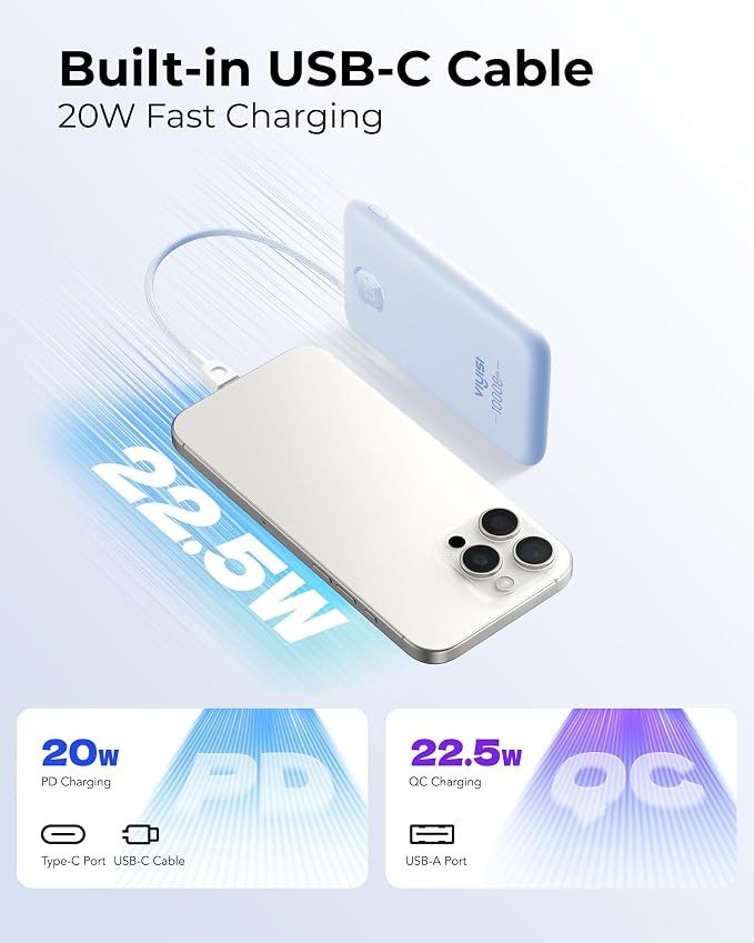 VIYISI 0.58” Slim Portable Charger Small 10000mAh with Built-in USB C Cable | 20W Compact Power Bank Fast Charging Battery Pack Travel Essential for Vacation Outdoor iPhone 17 16 15 Samsung Android-Blue - Image 3