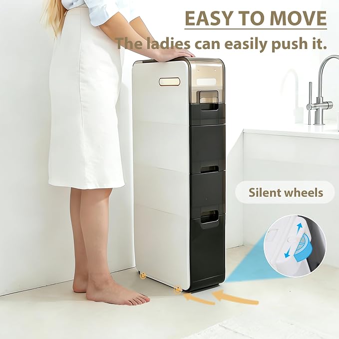 BGYMF 4-Tier Narrow Slim Bathroom Storage Cabinet,Movable,White | ABS and PP,with Wheels and Drawers,Large Storage Capacity,Water Resistant,Toilet Paper Holder,for Small Spaces - Image 6
