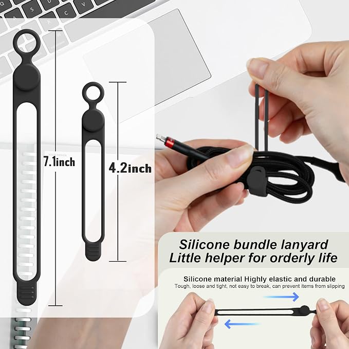 Silicone Cable Ties, Cord Organizer Cable Management,2Sizes-Black | Reusable Cord Ties for Electronics, Office Desk Accessories, Home Travel Essentials, Easy to Use, 4.2 Inch & 7.1 Inch-16Pcs - Image 2