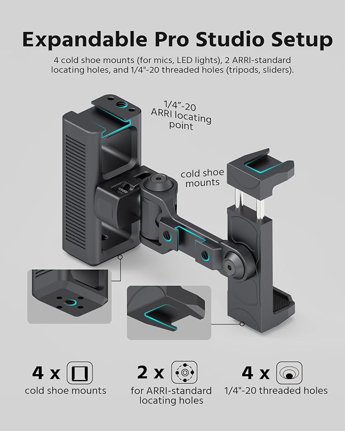 Phone Clip Rig Stabilizer for Smartphone, Lightweight Handheld Vlogging Rig with 360° Rotation, Grip & Cold Shoe Mounts | Compatible with Most Smartphones (for Arri-Standard) - Image 5