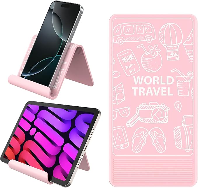 Airplane Phone Holder, Foldable Flexible Silicone Phone Stand | Tablet Mount for Flying, Home Office, Desk and Bedroom, Compatible with iPhone, Smartphones for Hands-Free Viewing, Pink by Huogantom