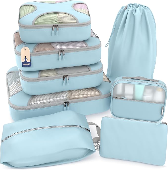 Shacke 8 Set Packing Cubes for Travel, Shoe & Toiletry Bags (Sky Blue) | Complete Suitcase Organizer Bags Set: 4 Luggage Packing Cubes + Laundry, Shoe, Toiletry & Accessories Bags for Any Trip by Shacke