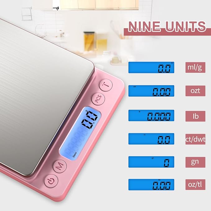 Digital Food Scale for Food Ounces and Grams，YONCON 3000g/0.1gram Accuracy Multifunctional Kitchen Scale for Cooking, Baking | Small Size for Easy Storage | Tare Function, Pink - Image 7