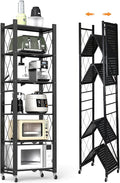 6-Tier Foldable Storage Shelves with Wheels Folding Bookshelf no Assembly | Folding Metal Shelf Unit, Collapsible Shelves for Craft Shows for Kitchen, Bedroom, Living Room, Black by YUANJIMI