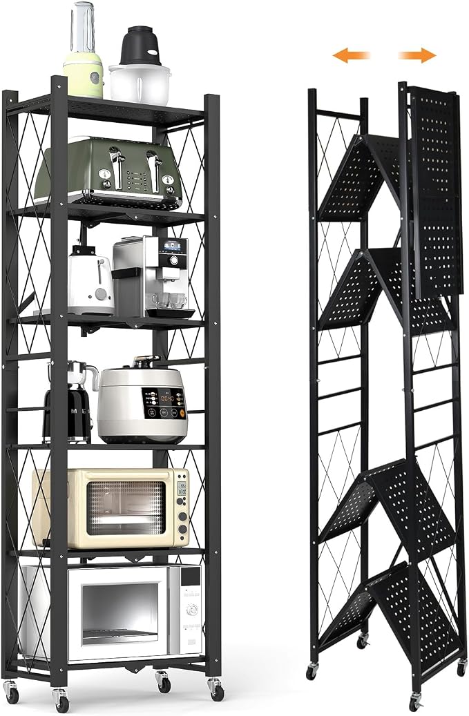 6-Tier Foldable Storage Shelves with Wheels Folding Bookshelf no Assembly | Folding Metal Shelf Unit, Collapsible Shelves for Craft Shows for Kitchen, Bedroom, Living Room, Black by YUANJIMI