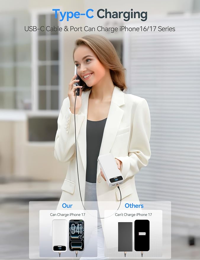 aonidi Portable Charger 20000mAh with Built-in Cables&AC Wall Plug, White | PD20W Fast Charging,Travel Essential,TSA Approved,LED Display,All in One USB C Power Bank for All Cell Phones Devices - Image 5