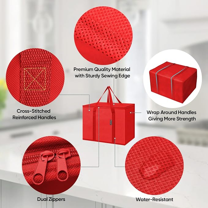 BALEINE 2Pk Insulated Reusable Grocery Bags, Collapsible Cooler Bag for Groceries, Heavy Duty Large Insulated Bag (16''x9''x13'', Bright Red) - Image 3