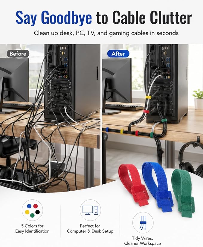 120 PCS 6 Inches Reusable Cable Ties, 5 Colors Adjustable Cord Organizer, Hook and Loop Wire Ties for Cable Management, Multi-Purpose Cord Wraps for Home, Office, and Desk - Image 2