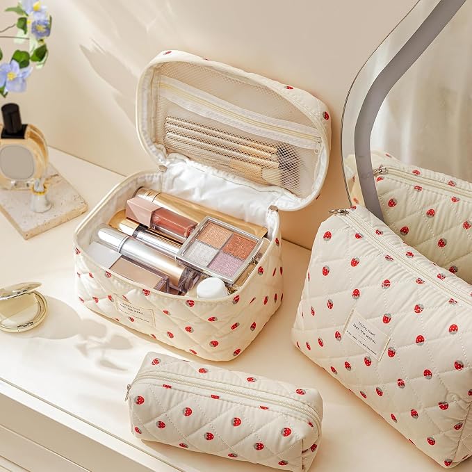 HBselect Quilted Makeup Bag, 3Pcs Cotton Large Travel Makeup Bags Organizer | Cute Floral Make up Bag Cosmetic Bag Toiletry Bag for Women Girls, Makeup Pouch for Skincare, Brushes & Travel Essentials - Image 2