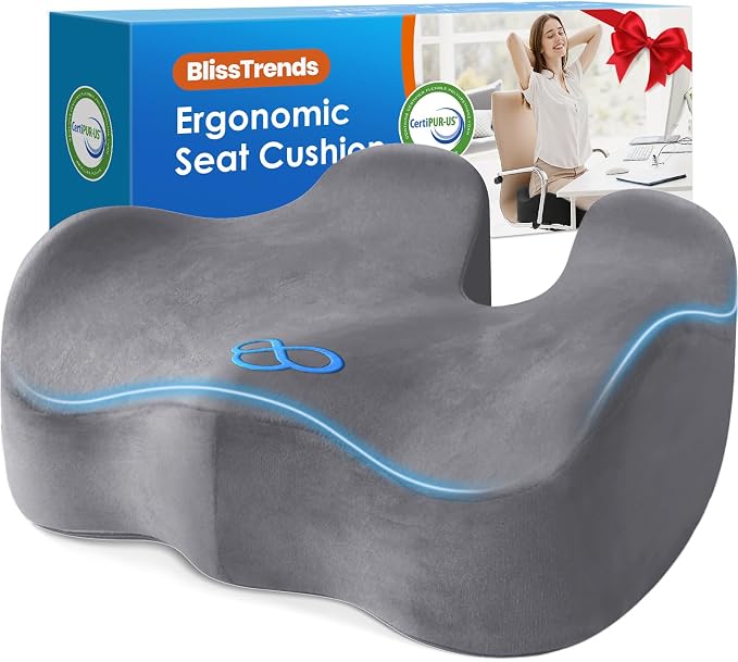 BlissTrends Extra Thick Seat Cushion for Office Chair & Car Seat, LightGrey | Tailbone & Sciatica Relief, Ergonomic Support, High-Density Memory Foam, Comfort for Extended Sitting by BlissTrends