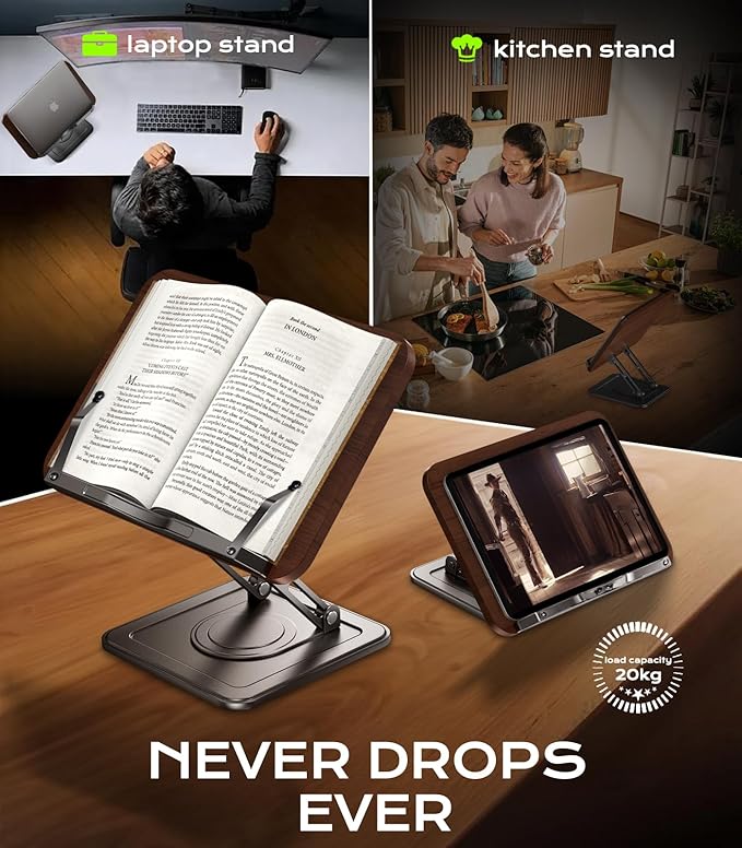 LOXP Book Stand for Reading, 360° Rotating Holder with Page Clip, Ergonomic | Adjustable height angle, Hands-free, anti-slip base, Fits tablets cookbooks magazines laptops, wood and metal, Black - Image 4