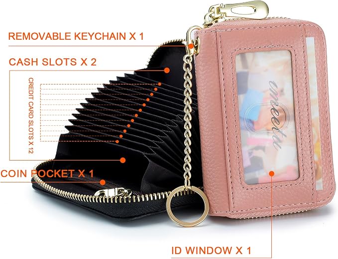 imeetu RFID Credit Card Holder, Small Card Wallet Women, Leather Card Case | Genuine Leather Women's Card & id Cases, Change Coin Purse with Zipper Keychain id Window, 20 Colors & 3 Styles, Daily, Gifts - Image 3