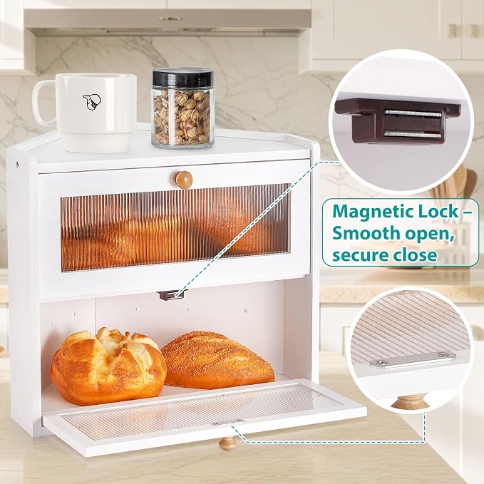 Sunhoo Bread Box for Kitchen Countertop Corner Large Wooden Bread Bin 2 Tier Rustic Food Storage Container with Acrylic Window Farmhouse Keeper Shelf Organizer for Loaves Pastries & Snacks (White) - Image 8