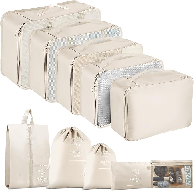 Packing Cubes for Travel- 8 Set Luggage Organizer Bags for Family, Mesh Breathable Travel Packing Cubes for Suitcases Durable Travel Essentials Bags Set (Beige, 10 Set) by YEEYAA