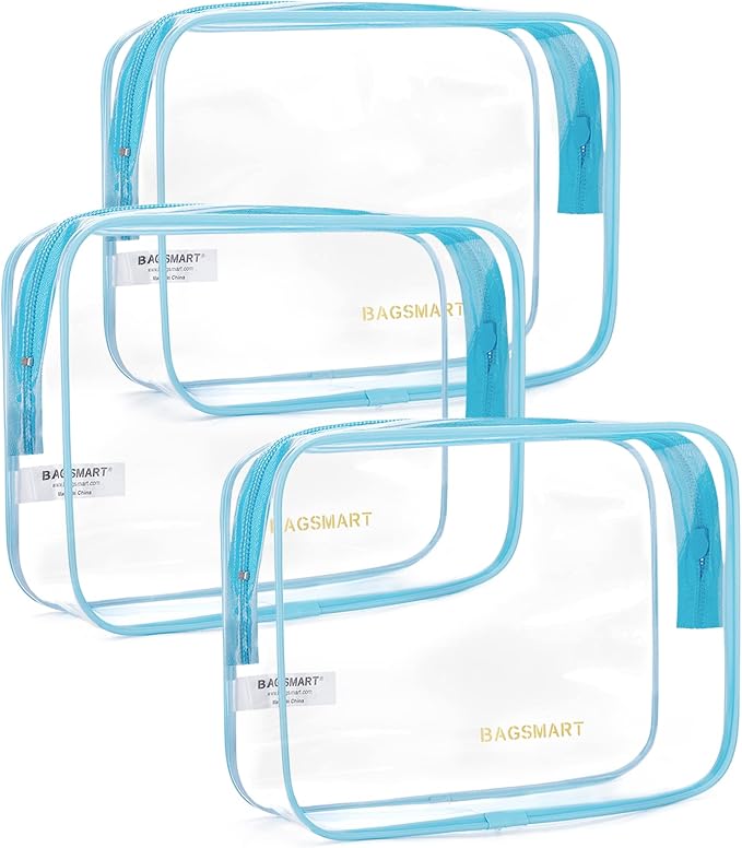 BAGSMART Clear Toiletry Bag 3-Pack TSA Approved Water-Repellent, Blue | Carry on Travel Accessories Bag, Airport Airline Quart Size Bags for Women Men, Makeup Cosmetic Bag by BAGSMART