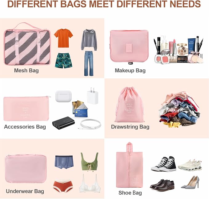 Packing Cubes for Travel, 8 Set Luggage Organizer Bags Travel Cubes for Packing Compression Luggage Cubes for Suitcase Carry on Travel Essentials with Laundry & Toiletry Bag（pink） - Image 4