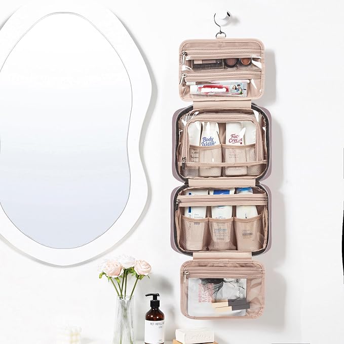 NISHEL Travel Toiletry Bag for women, Portable Hanging makeup Organizer | for Travel-Sized Shampoo, Conditioner, Brushes Set, makeup Accessories, Medium Size, Peach Pink - Image 2