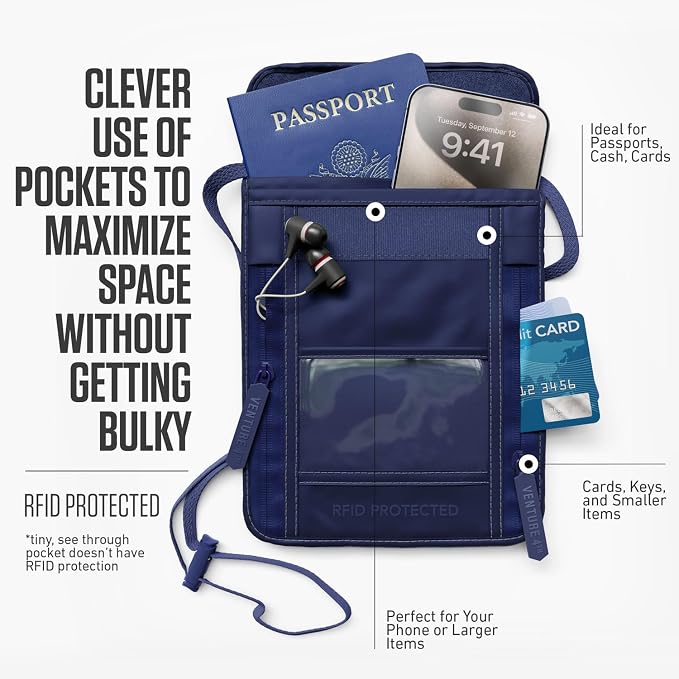 VENTURE 4TH Travel Neck Wallet, RFID Blocking Passport Holder - Sleek Navy - Image 2