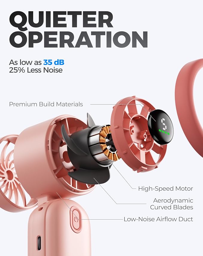 Diveblues Mini Portable Handheld Turbo Fan 27ft/s, 4000mAh Battery | 12H Max Cooling, 5 Speeds, LED Display, Quiet Motor, 3-in-1 Handheld/Neck/Desk Fan for Travel, Cruise & Disney Essentials - Image 3