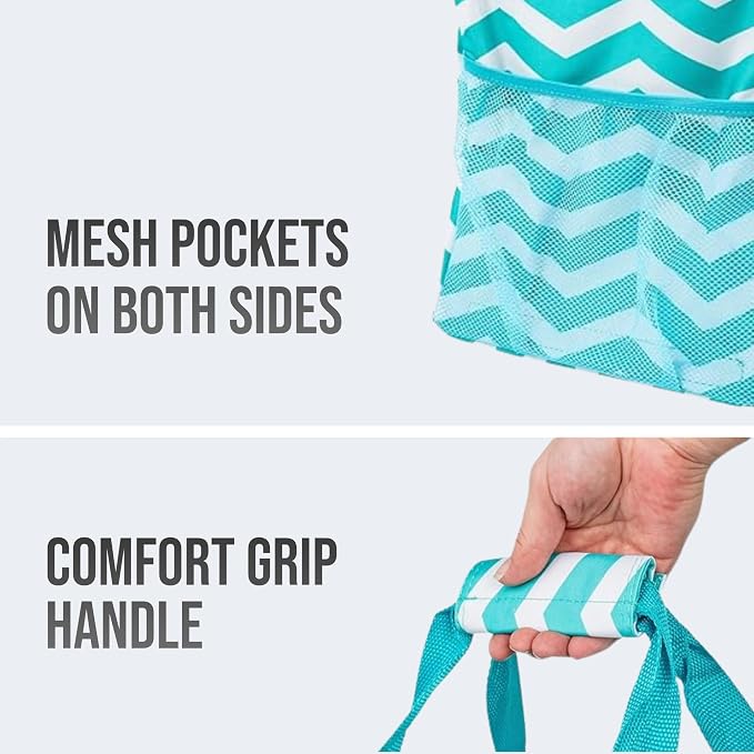 Extra Large Utility Tote Bag - Oversized Collapsible Reusable Wire Frame Rectangular Canvas Basket With Two Exterior Pockets For Beach, Pool, Laundry, Car Trunk, Storage - Chevron Teal - Image 7