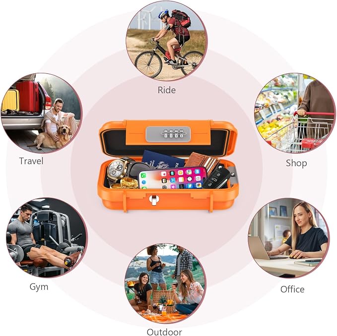 LOFICOPER Portable Safe Lock Box, Waterproof Anti-Theft Personal Security Case with 4 Digit Resettable Code, Removable Chain, Lightweight Beach Lock Box for Travel, Home, Office, Orange - Image 6