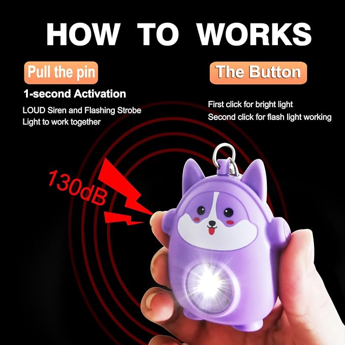 Personal Safety Alarm for Women - 130dB Self Defense Keychains Siren with LED Strobe Light, Personal Emergency Security Safe Devices Key Chain Alarms for Children (Purple) - Image 5