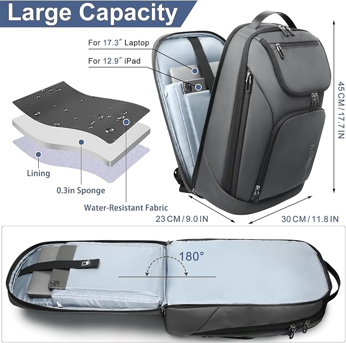 hk Business Smart Backpack for Men Anti-Theft for 17.3 Inch Laptop | with USB Charging Port Water-Resistant Large Durable Compact 30L for Travel College Work - Image 4