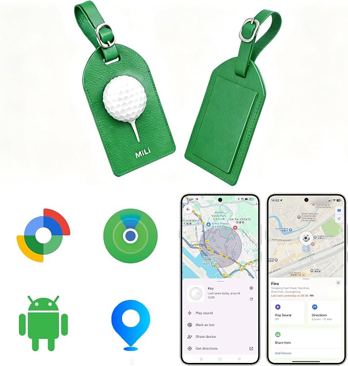 MiLi Leather Golf Design Bag Tracker Tag for iOS & Android | Works with Apple Find My & Google Find Hub, Bluetooth Locator for Golf Clubs, Travel Bags, Premium Golf Gift, Green by MiLi