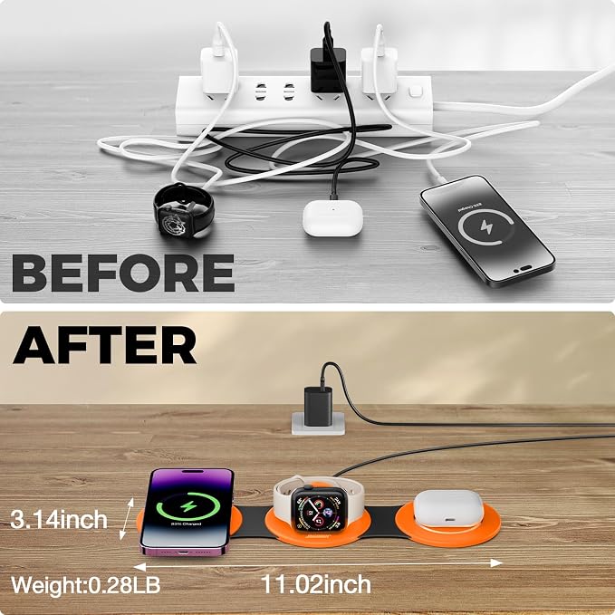 HICOBER 3-in-1 Wireless Charging Station for iPhone, Watch, AirPods, Orange | Charge 3 devices at once, foldable, case-friendly and ready for travel - Image 4
