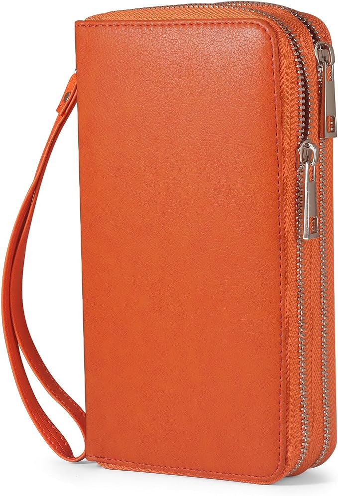 RFID Blocking Cellphone Wallet for Women Dual Zipper Wristlet Large Capacity 17 Card Slots Ladies Travel Clutch Purse with Removable Strap, Orange by HAWEE