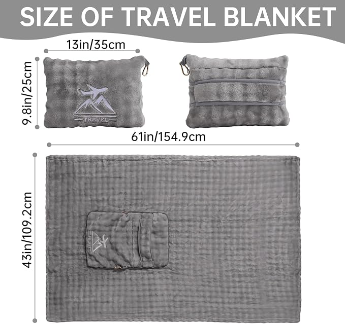 Travel Blanket and Pillow-2-in-1, Ultra-Soft&Compact, One-Piece Airplane Blanket with Hand Luggage Belt and Backpack Clip,Travelers Accessories Gifts, 61x43 Inches (Gray) - Image 6